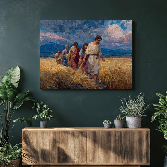 Wheat Harvest Canvas Wall Art Mosaic Pastoral Landscape Golden Field Reapers At Dusk Sky Rural Farmhouse Decor Traditional Gift Print