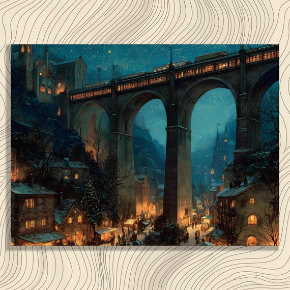 Snowy Winter Night Market Under Stone Viaduct Glowing Lights Wall Art