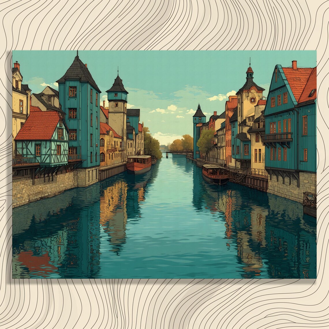 Colorful Historic Canal Town with Boats European Waterfront Poster