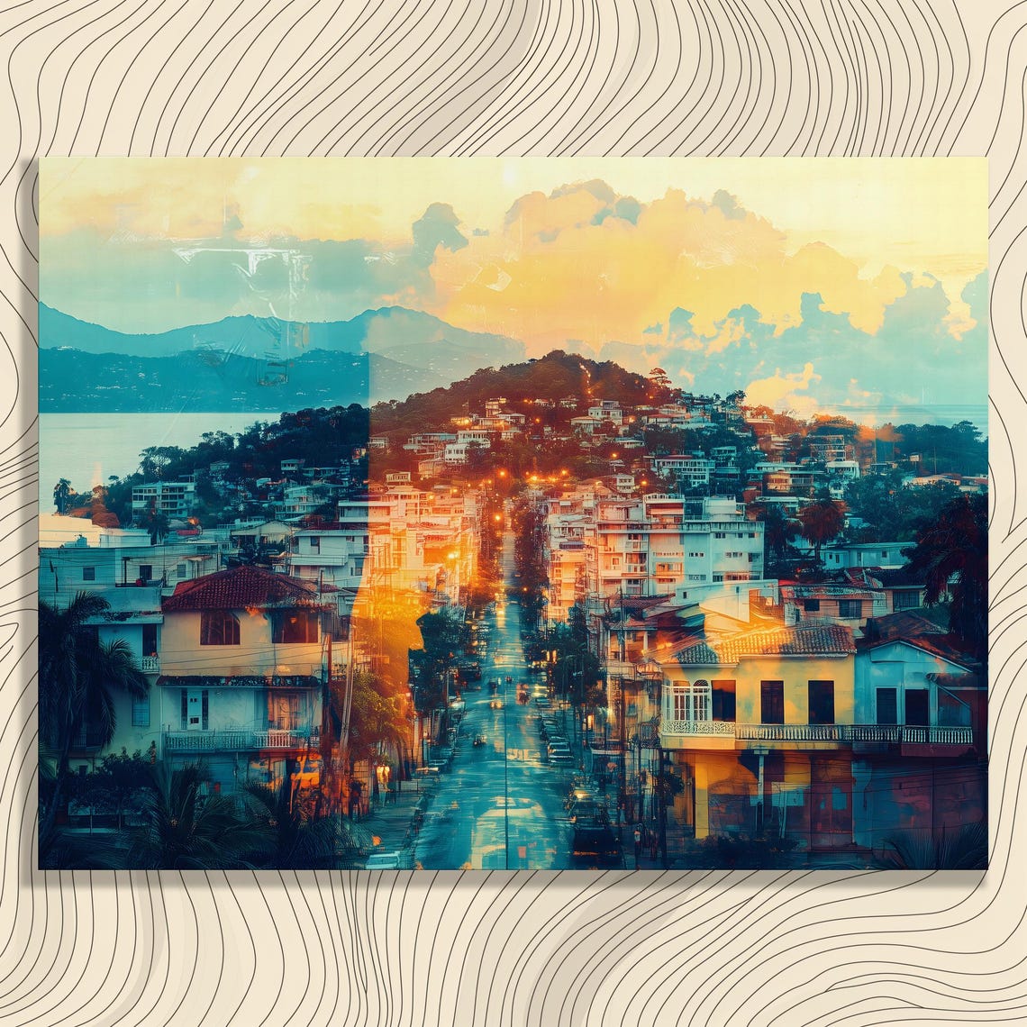 Sunset Coastal City Street Golden Hour Hillside Lights Wall Art