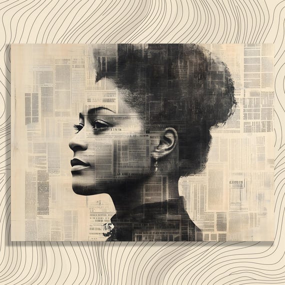 Woman Profile Canvas Wall Art Vintage Newsprint Collage Portrait In Sepia Tones With Newspaper Texture Modern Mixed Media Editorial Print
