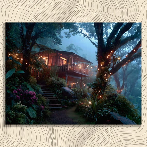 Misty Tropical Treehouse Canvas Wall Art Jungle Forest Print With String Light Glow Lush Ferns And Moss Clouded Cabin Decor