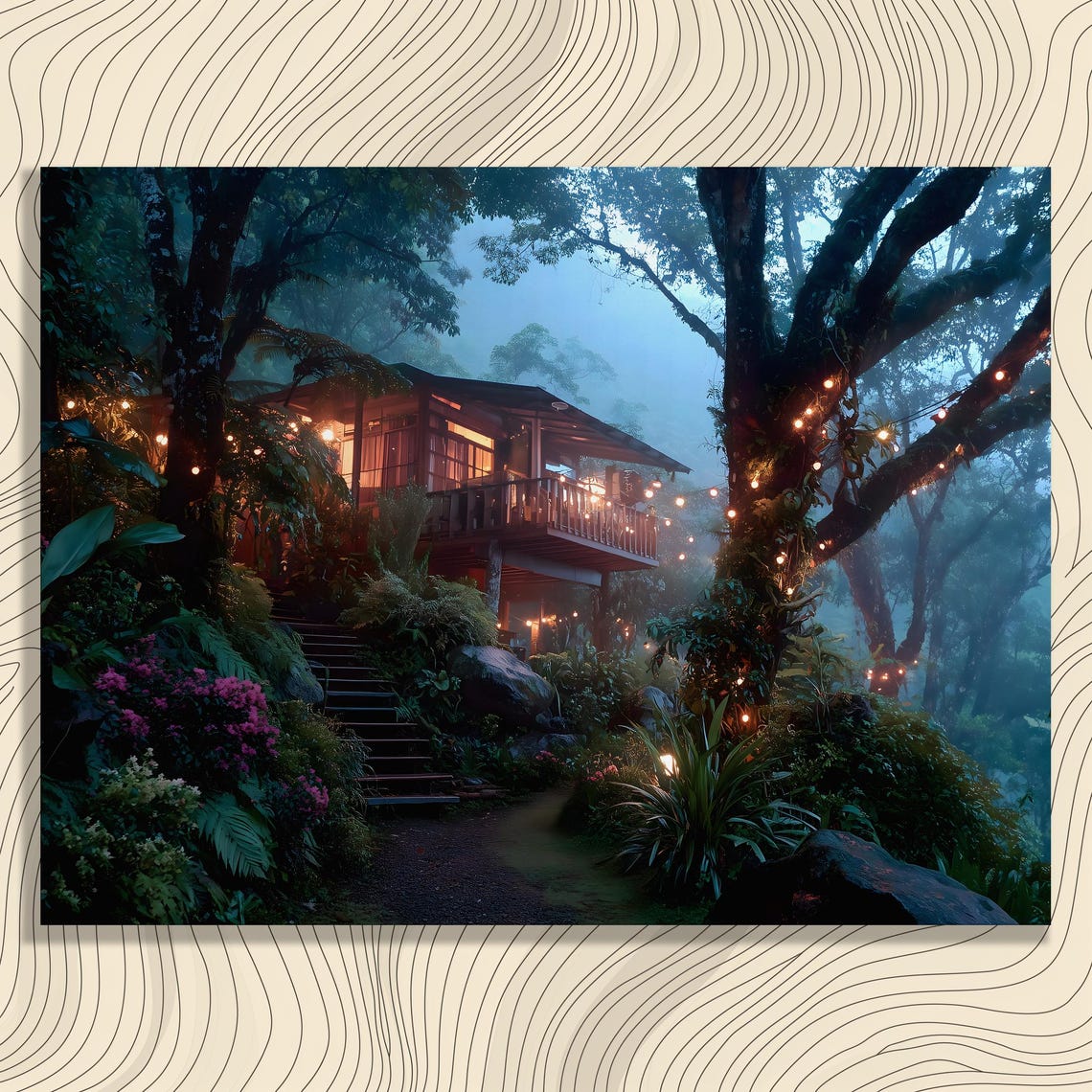 Misty Tropical Treehouse Canvas Wall Art Jungle Forest Print With String Light Glow Lush Ferns And Moss Clouded Cabin Decor