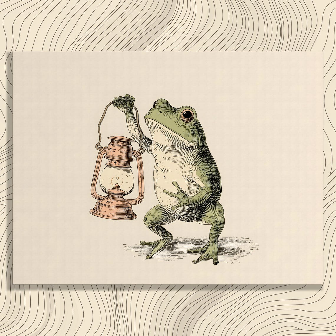 Vintage Frog Holding Lantern Retro Engraving Animal Art Poster