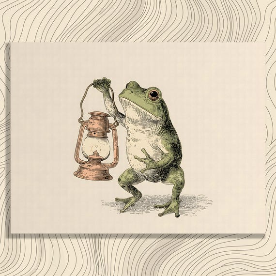 Vintage Frog Lantern Canvas Wall Art Illustration Wildlife Decor Retro Inspired Green Amphibian Print Animal Artwork