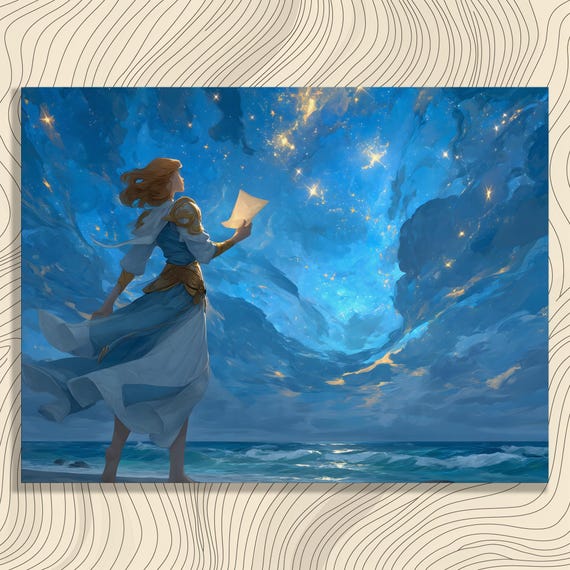 Celestial Messenger Canvas Wall Art Fantasy Night Sky With Luminous Letter Ethereal Figure On Beach Under Swirling Stars Coastal Decor