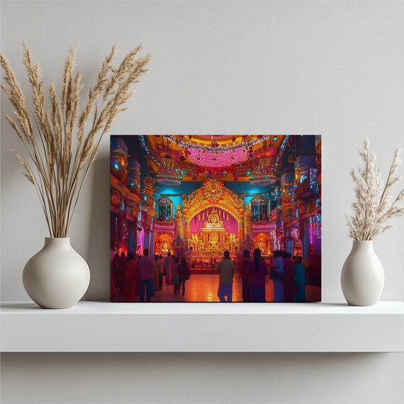 Hindu Temple Altar Canvas Wall Art Ornate Mandir Interior With Glow Crystal Chandelier Vibrant Worship Religious Spiritual Decor
