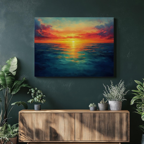 Fiery Ocean Sunset Waves Dramatic Vibrant Seascape Painting Wall Art