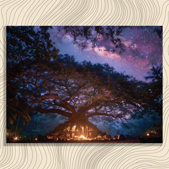 Starry Night Forest Canvas Wall Art Ancient Tree Roots Cabin Under Glowing Stars Enchanted Milky Way Sky Nature Decor Colorful
