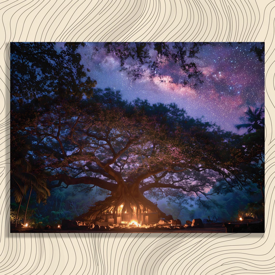 Starry Night Ancient Tree Milky Way Cabin Warm Glow Canvas Print Art