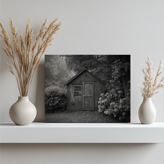 Rustic Garden Shed Black and White Photography Vintage Wooden Wall Art
