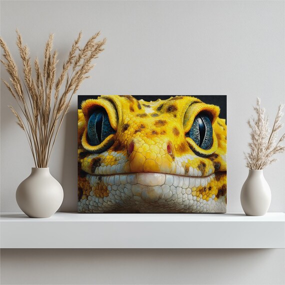 Leopard Gecko Portrait Canvas Wall Art Photorealistic Yellow Lizard Print Colorful Wildlife Animal Modern Tropical Nature