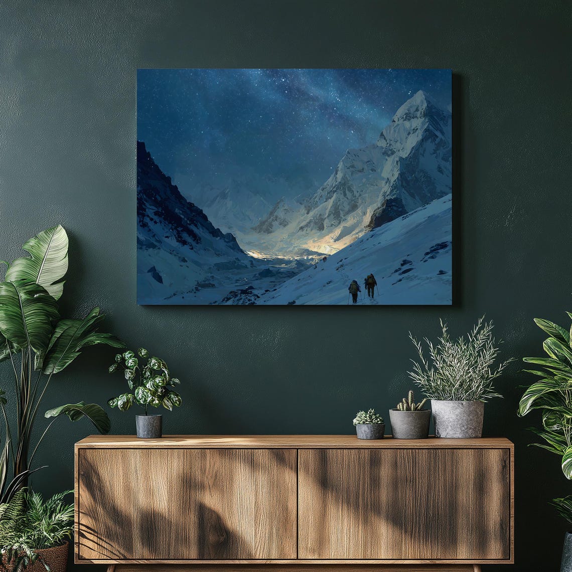 Starry Mountain Adventure Canvas Wall Art Landscape Print Night Sky Decor Winter Hiking Scene Wilderness Trek