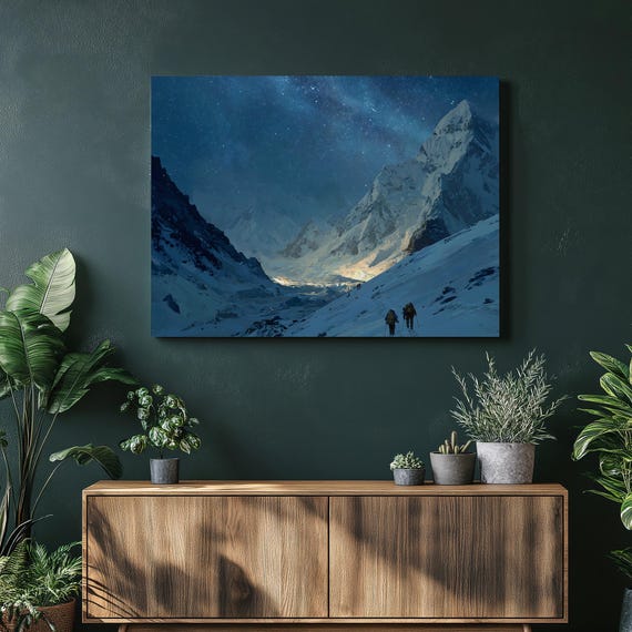 Starry Mountain Adventure Canvas Wall Art Landscape Print Night Sky Decor Winter Hiking Scene Wilderness Trek