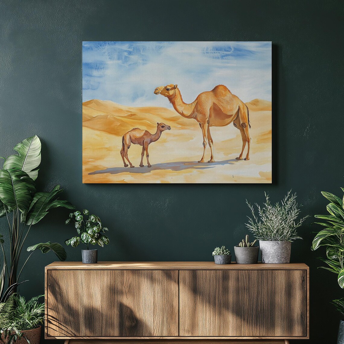 Camel Mother and Calf Standing in Golden Desert Dunes Wildlife Print