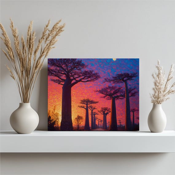 Baobab Sunset Moon Canvas Wall Art Vibrant African Landscape Print Colorful Dusk Sky Painting Silhouettes Twilight Road Decor