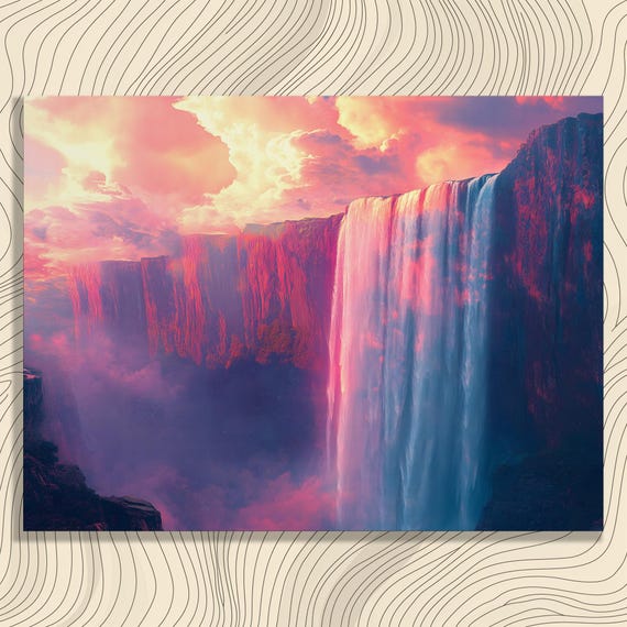 Surreal Waterfall Canvas Wall Art Colorful Canyon Mist Fantasy Landscape Dreamy Sunset Valley Clouds Vibrant Sky Nature Decor Print