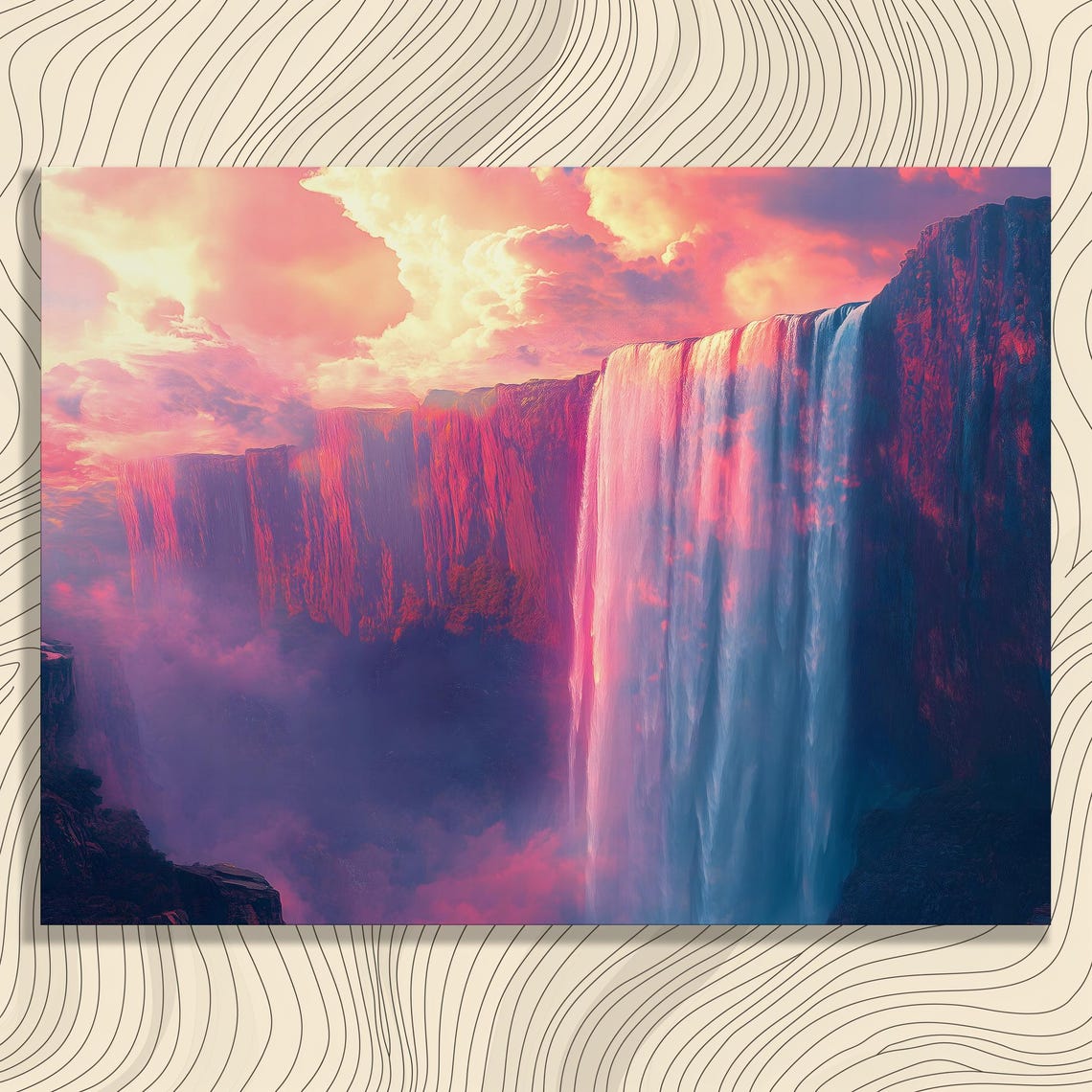 Pink Sunset Waterfall Misty Cliffs Dramatic Nature Art Poster