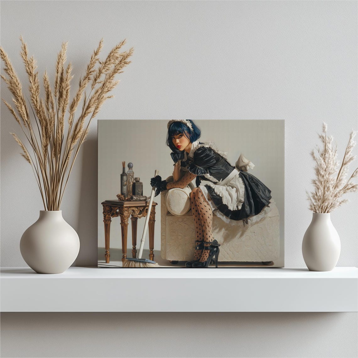 French Maid with Broom Modern Pinup Painting Portrait Poster