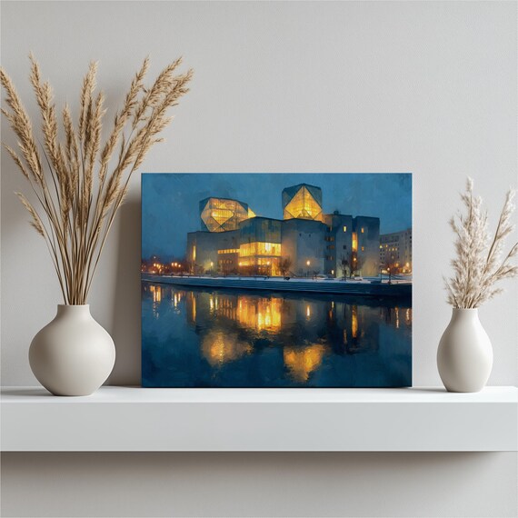 River Reflection Canvas Wall Art Illuminated Night City Skyline Modern Building Waterfront Print Decor Home Urban Scene
