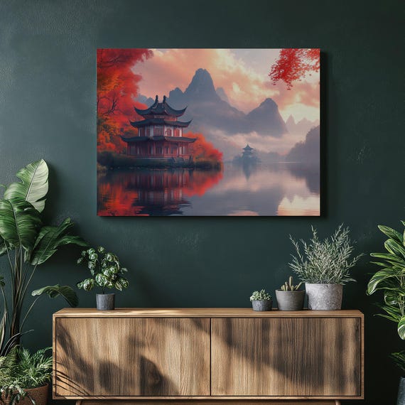 Autumn Landscape Art Wall Mountain Chinese Nature Water Reflection Traditional Decor