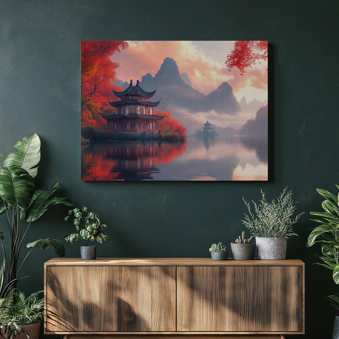 Chinese Pagoda Autumn Lake Sunset Red Foliage Mountain Poster