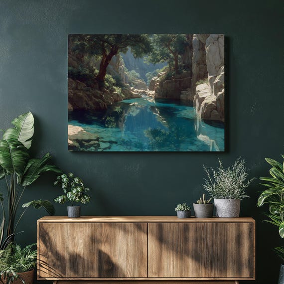 Mountain River Canyon Canvas Wall Art Colorful Landscape Blue Green Forest Creek Reflections Gorge Scene Modern Print Gallery Wrapped