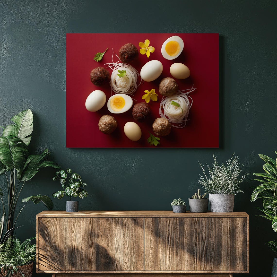 Gourmet Eggs Meatballs Noodles Culinary Photo Bold Red Wall Art
