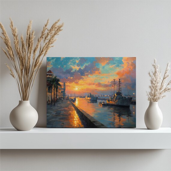 Sunset Harbor with Tall Ships and Stone Promenade Painting Poster