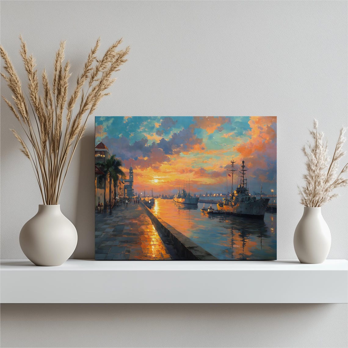 Sunset Harbor with Tall Ships and Stone Promenade Painting Poster