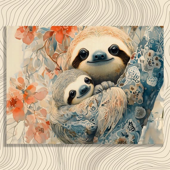 Mother Baby Sloth Canvas Wall Art Whimsical Jungle Nursery Print With Floral Tree Branch And Cute Animal Family Decor In Soft Teal Cor