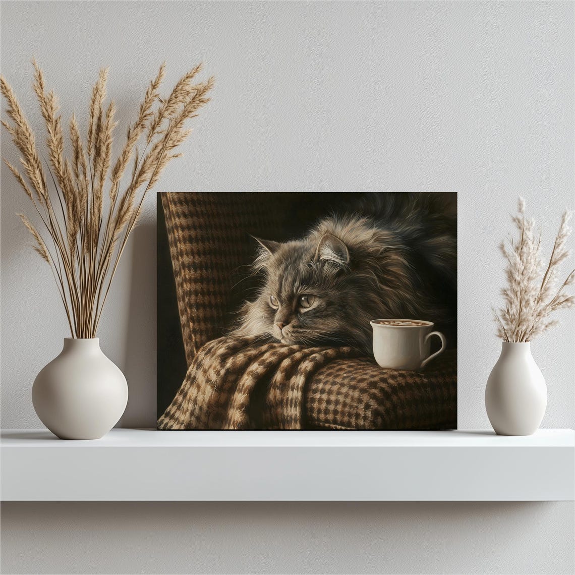 Fluffy Tabby Cat Coffee Cup Plaid Armchair Cozy Autumn Morning Print