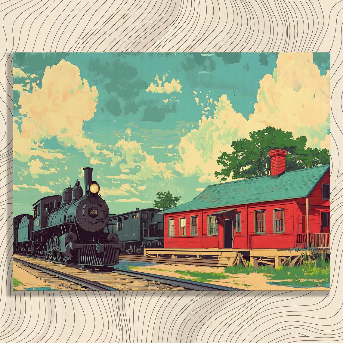 Vintage Steam Locomotive Red Train Station Retro Travel Scene Poster