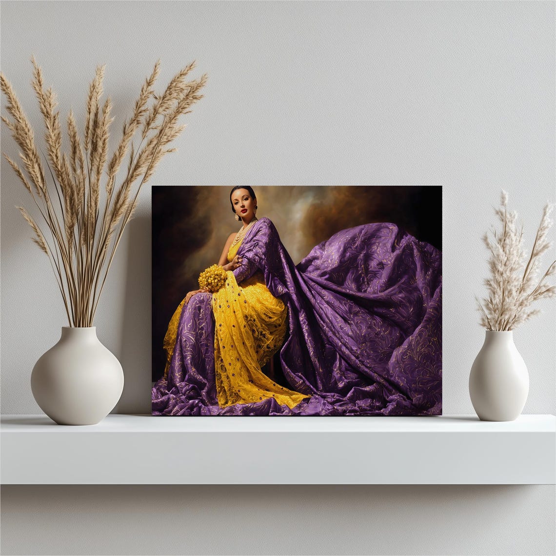 Regal Female Portrait Canvas Wall Art Baroque Inspired Purple Yellow Gown With Golden Bouquet Pearls And Earrings Colorful Print