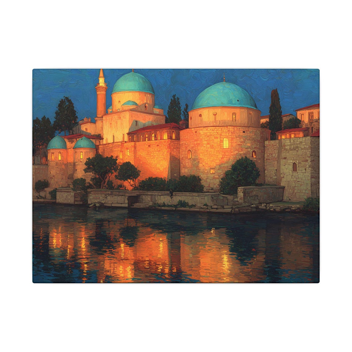 Waterfront Mosque With Turquoise Domes Sunset Mediterranean Art Poster
