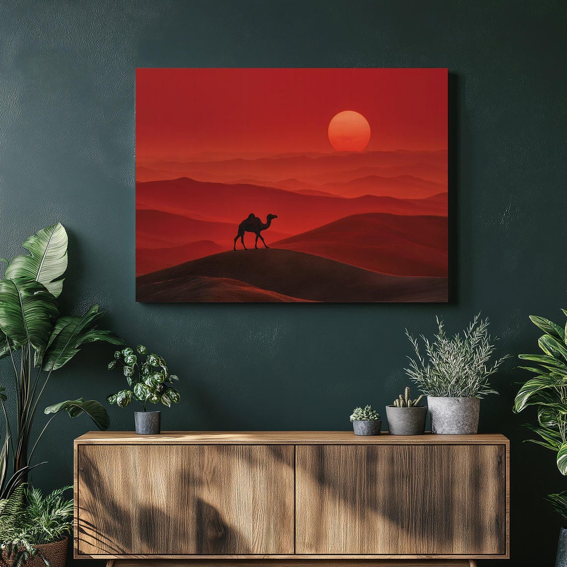 Desert Camel Silhouette Red Sunset Minimalist Dunes Nature Poster