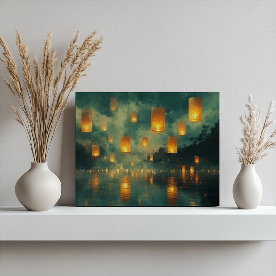 Floating Lanterns Night Sky Water Reflection Whimsical Art Poster