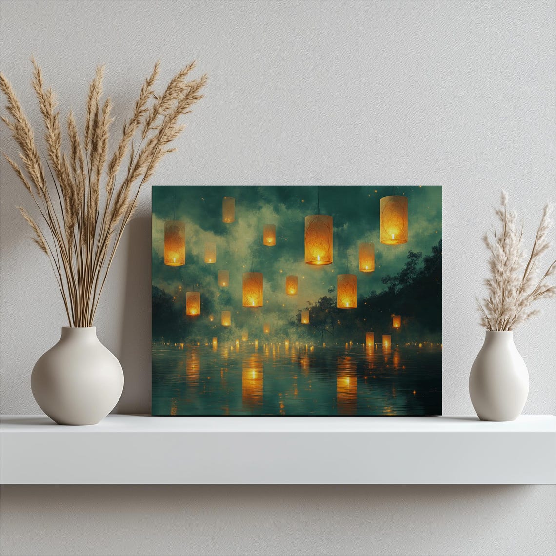Floating Lanterns Night Sky Water Reflection Whimsical Art Poster