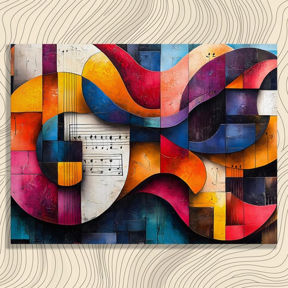 Abstract Guitar Canvas Wall Art Colorful Music Notes And Sheet Design With Geometric Shapes Gift For Musicians Lovers