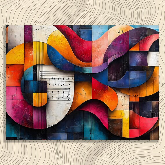 Abstract Guitar Collage With Sheet Music Bold Colorful Art Poster