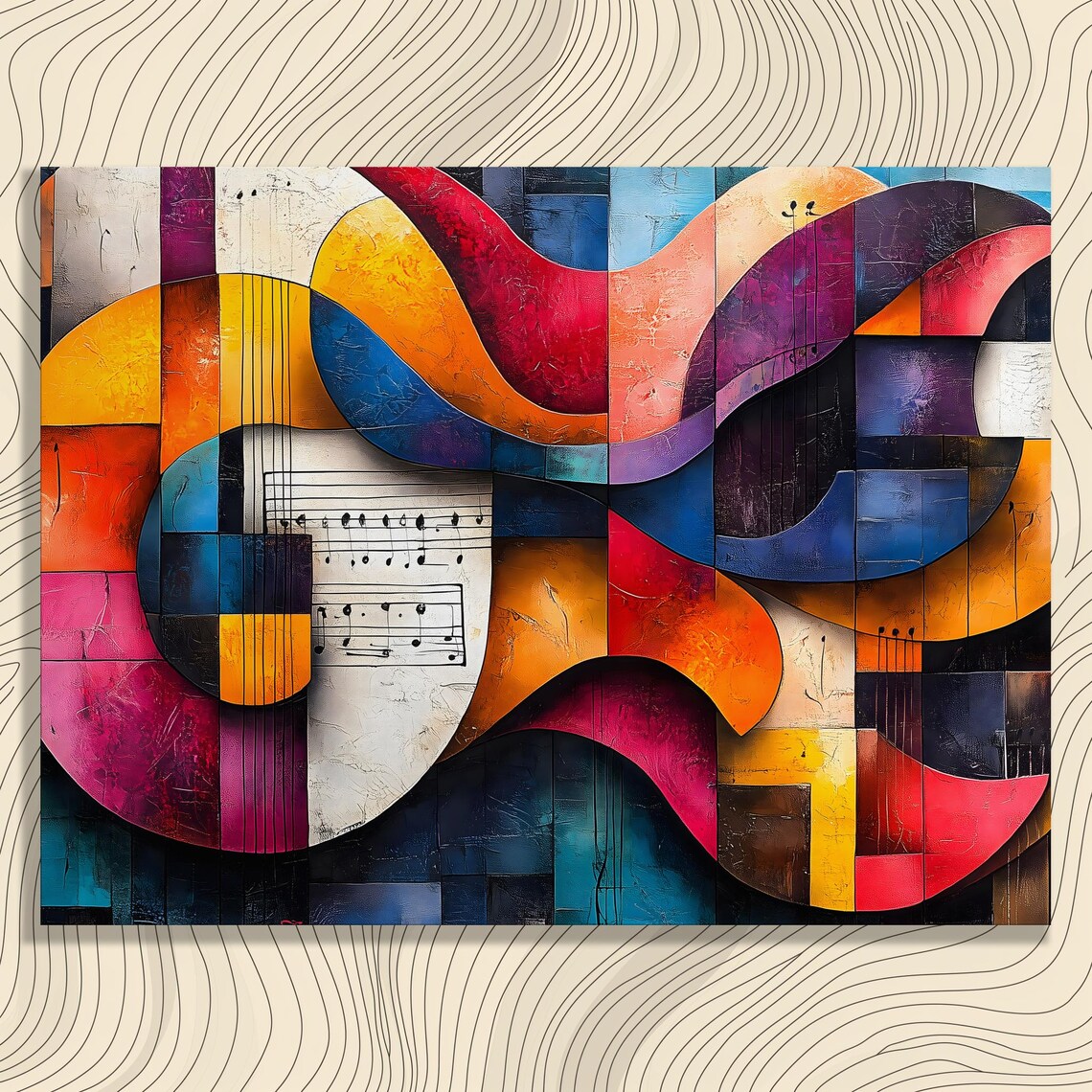 Abstract Guitar Canvas Wall Art Colorful Music Notes And Sheet Design With Geometric Shapes Gift For Musicians Lovers