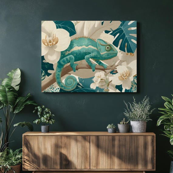 Chameleon Orchid Tropical Canvas Wall Art Botanical Illustration Green Lizard With Orchids And Monstera Leaves Jungle Decor Nature Print