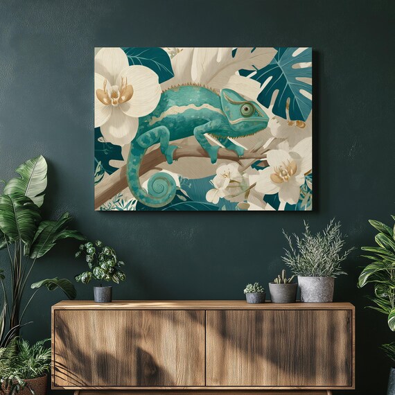 Teal Chameleon Orchids Tropical Branch Botanical Canvas Art Poster