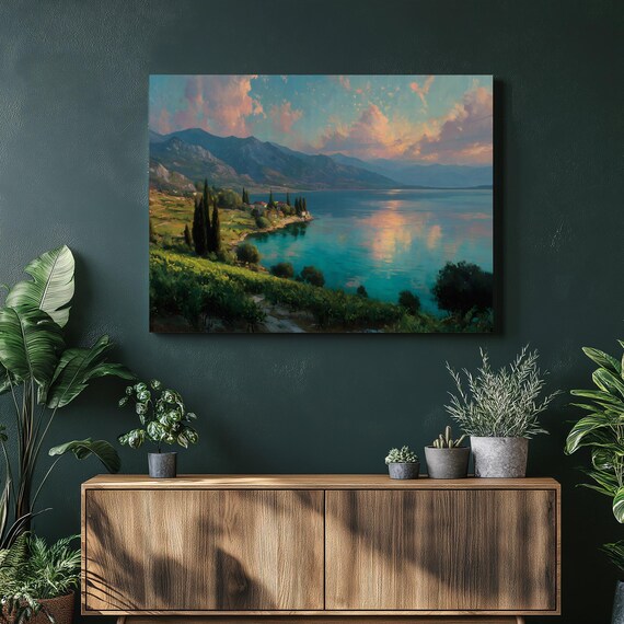 Mediterranean Vineyard Sunset Cypress Trees Lake Mountains Poster