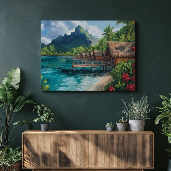 Overwater Bungalows Canvas Wall Art Print Tropical Island Painting Decor Scenic Lagoon Landscape Beach Home For Office