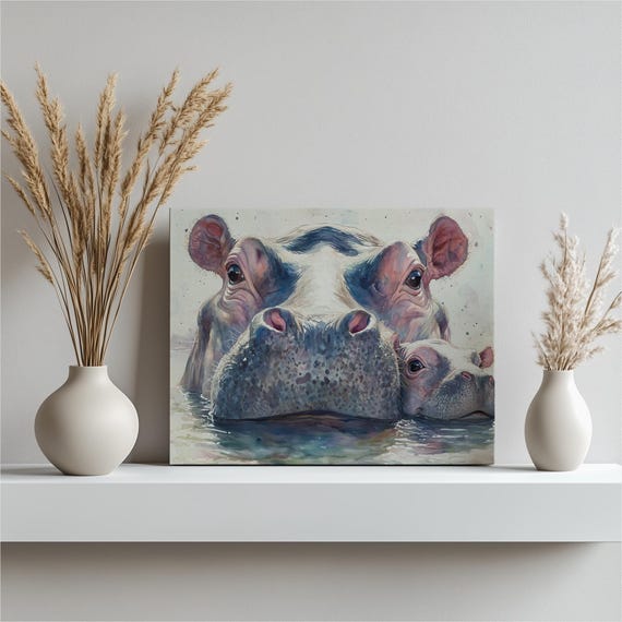 Cute Mother And Baby Hippo Watercolor Canvas Wall Art Contemporary Aquatic Wildlife Print For Nursery Living Room Home Decor