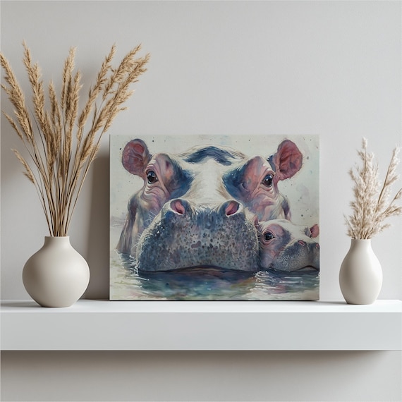 Sweet Mother and Baby Hippopotamus Watercolor River Art Poster