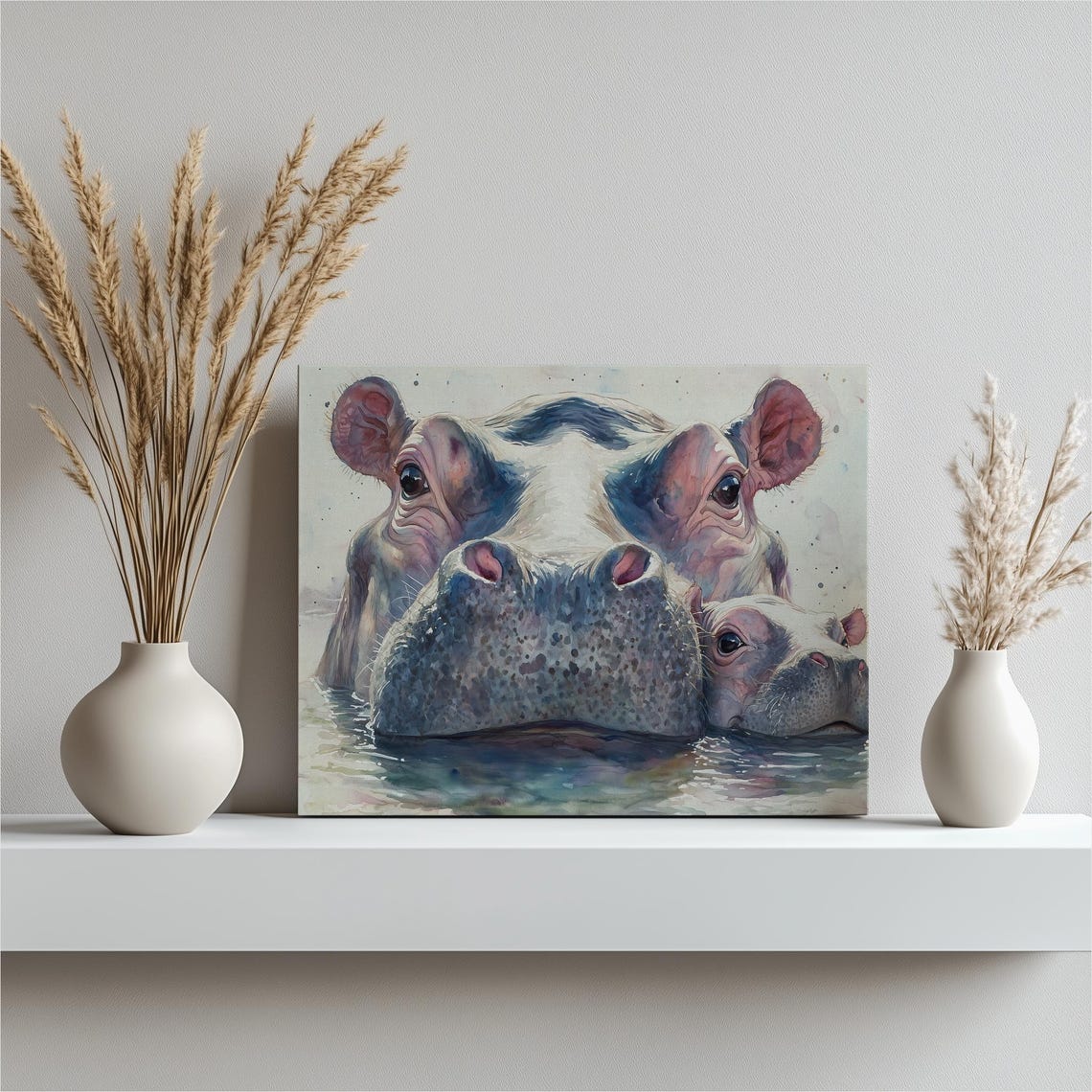 Sweet Mother and Baby Hippopotamus Watercolor River Art Poster