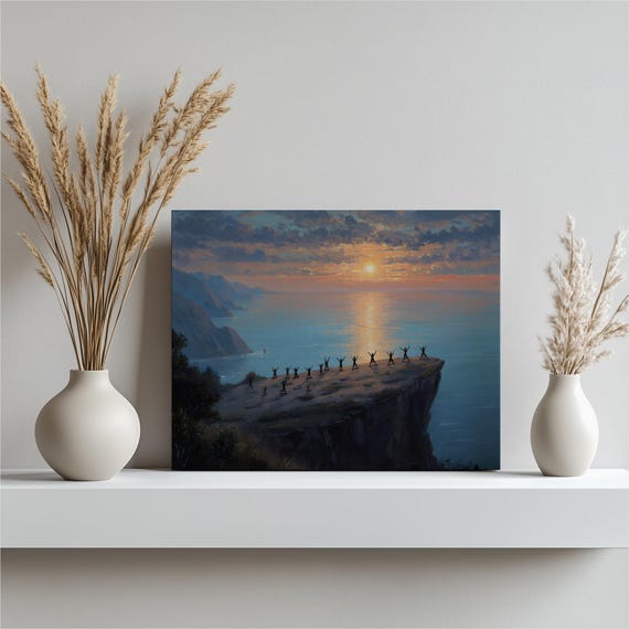 Sunset Yoga Coast Canvas Wall Art Impressionist Silhouette Seascape Colorful Ocean Horizon Cliff Landscape Print Coastal Decor