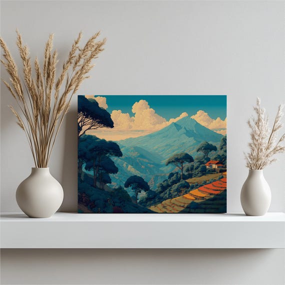 Mountain Valley Canvas Wall Art Landscape Scene Terraced Fields Illustration Nature Print Decor Rural Retreat